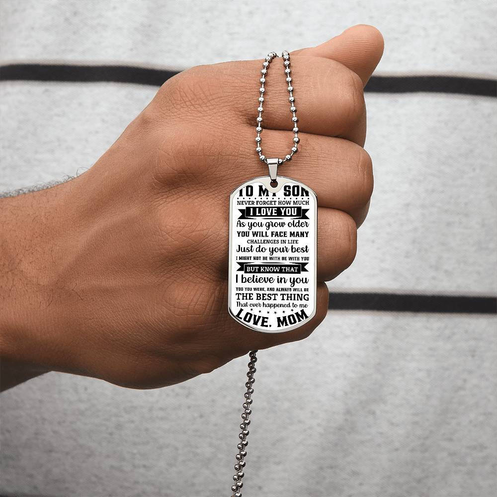 TO MY SON HOW MUM_ Personalized Military Dog Tag Necklace w Heartfelt Message
