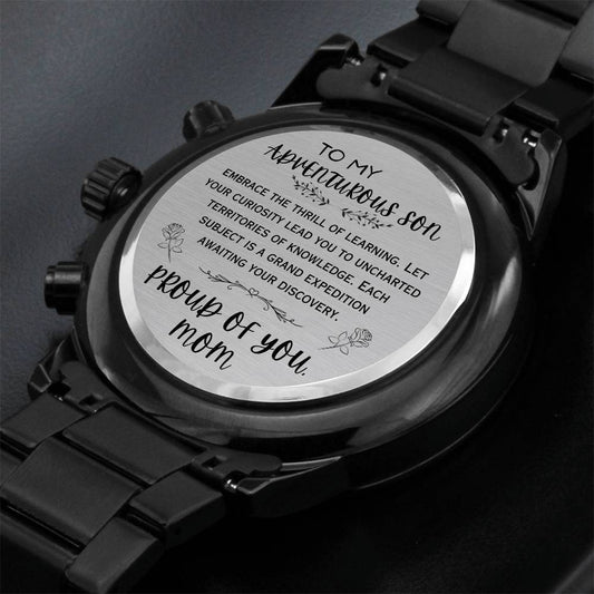 To My ADVENTUROUS Son, Gift from Mom, Engraved Design Black Chronograph Watch, Back to School Gift, Best Wishes Gift