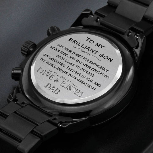 To My Brilliant Son, Open Doors, Gift from Dad, Engraved Design Black Chronograph Watch,  Back to School Gift, Best Wishes Gift