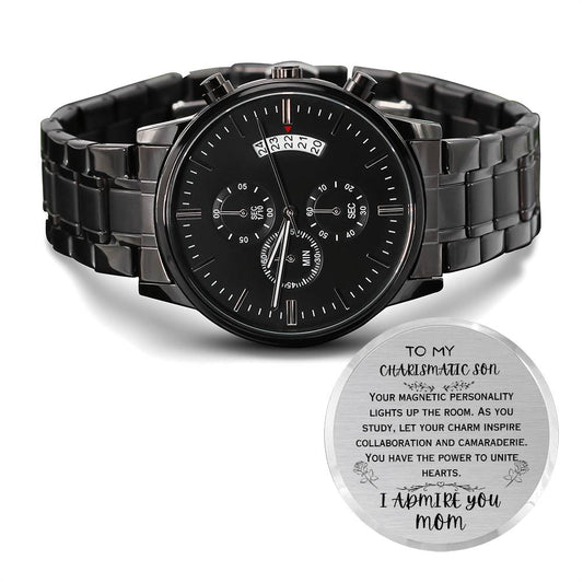 To My CHARISMATIC Son, Gift from Mom, Engraved Design Black Chronograph Watch, Back to School Gift, Best Wishes Gift