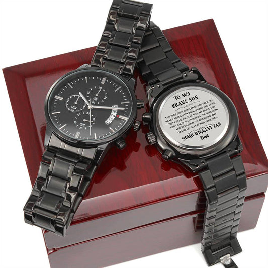 To My Brave Son, Strength and Resilience, Gift from Dad, Engraved Design Black Chronograph Watch, Back to School Gift, Best Wishes Gift