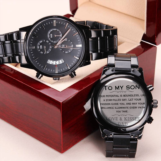 To My Son, Boundless Potential, Gift from Dad, Engraved Design Black Chronograph Watch, Back to School Gift, Best Wishes Gift