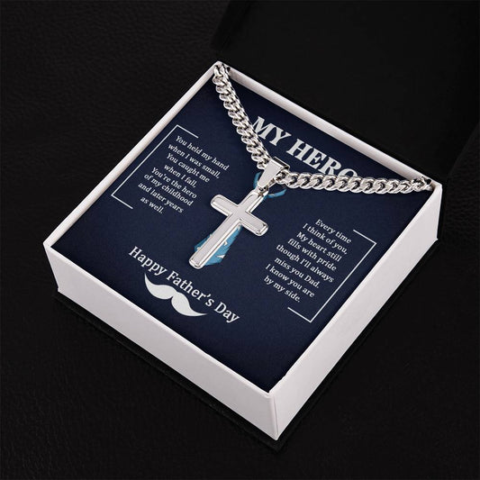 To My Dad my Hero tie Personalized Gift Cuban Link Chain Cross w Heartfelt Message