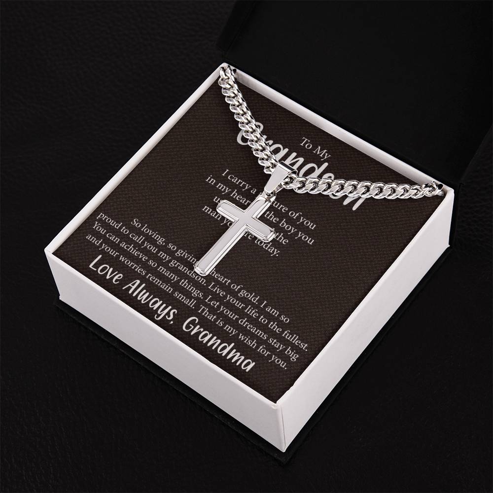 To My Grandson I carry a_ Personalized Gift Cuban Link Chain Cross w Heartfelt Message