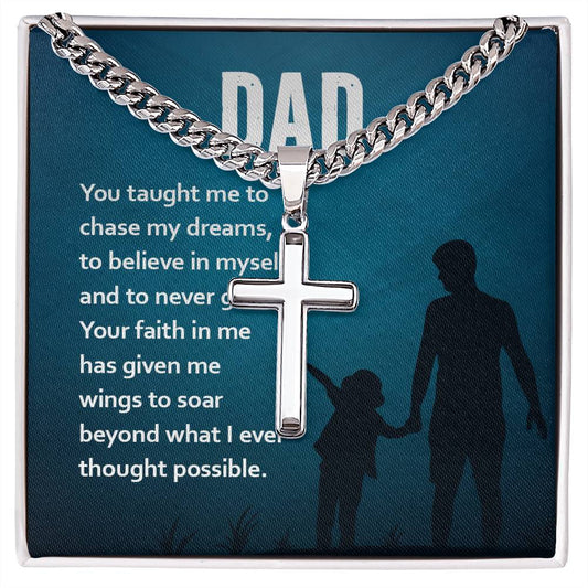 To My Dad You taught me Personalized Gift Cuban Link Chain Cross w Heartfelt Message