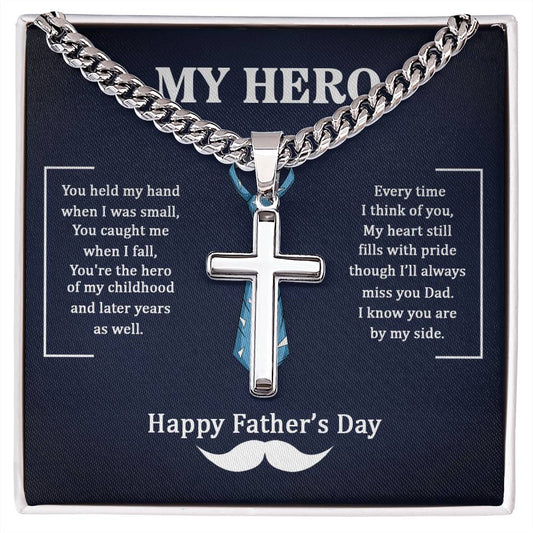 To My Dad my Hero tie Personalized Gift Cuban Link Chain Cross w Heartfelt Message