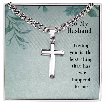 To My Husband-Loving you Personalized Gift Cuban Link Chain Cross w Heartfelt Message