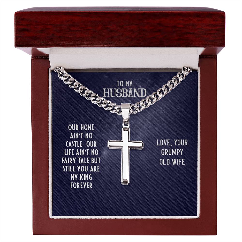 To My Husband-OUR HOME Personalized Gift Cuban Link Chain Cross w Heartfelt Message