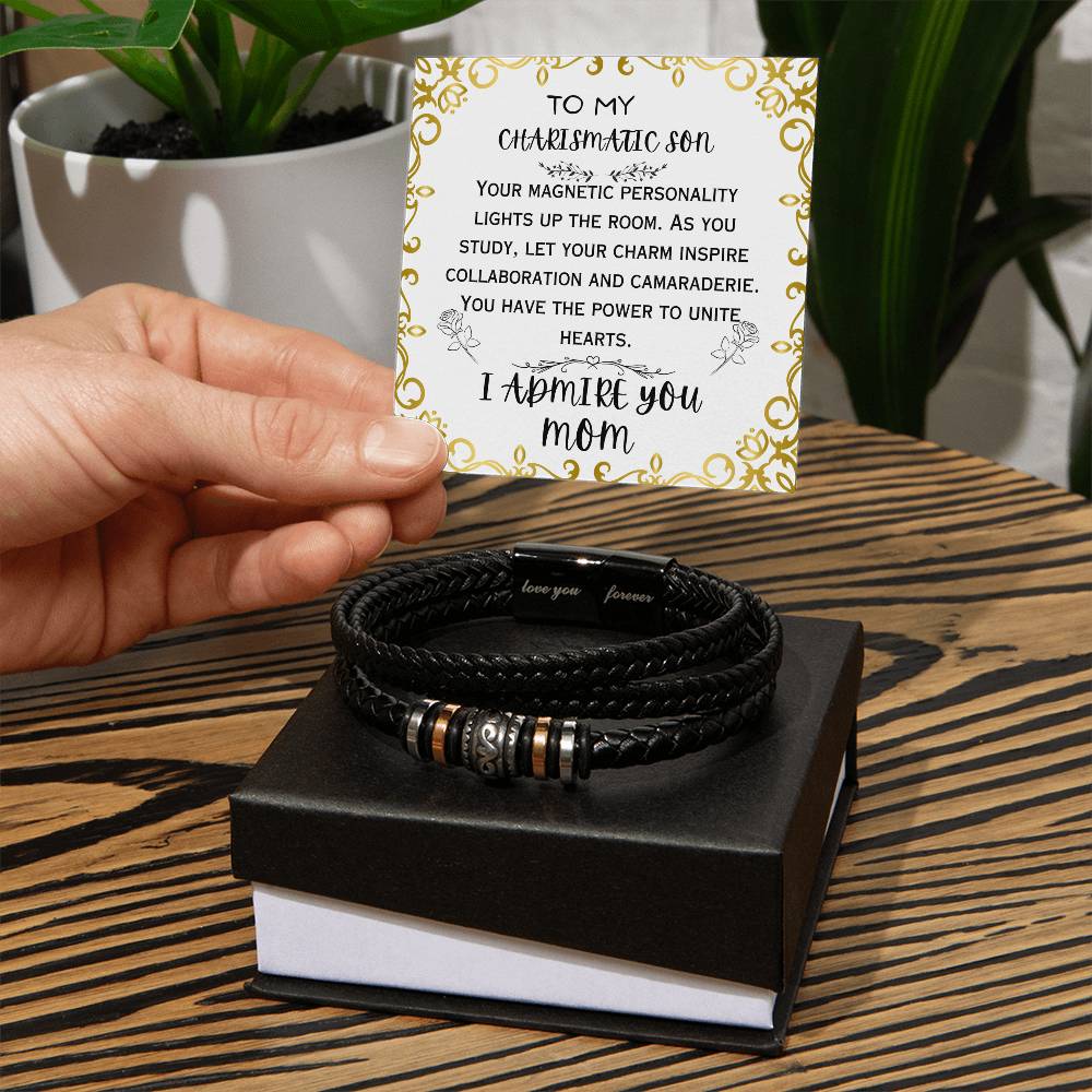 To My Charismatic Son, Love You Forever, Leather Braid Bracelet, Back to School Gifts for Son from Mom