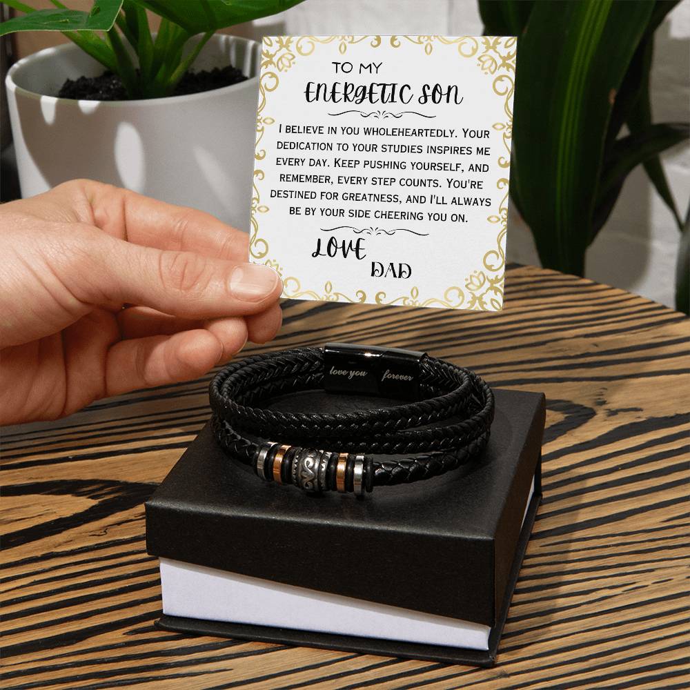 To My Energetic Son, Love You Forever, Leather Braid Bracelet, Back to School Gifts for Son from Dad
