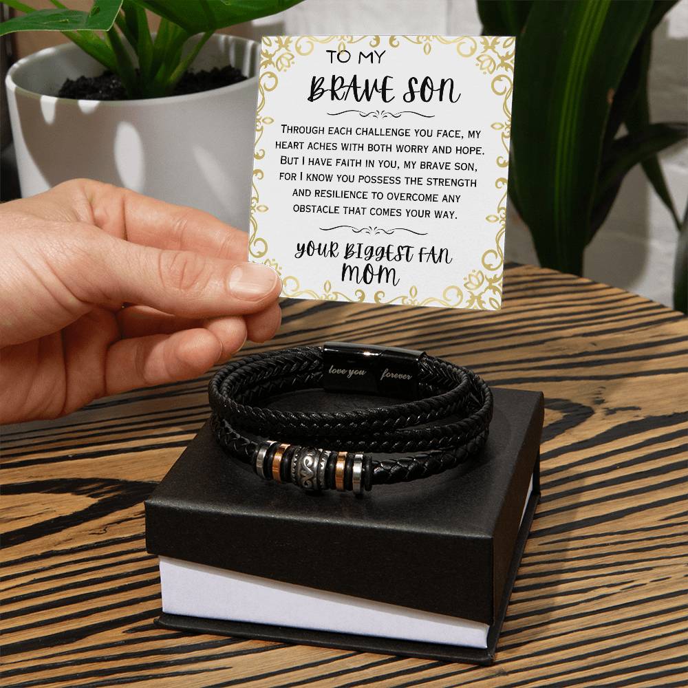 To My Brave Son, Love You Forever, Leather Braid Bracelet, Back to School Gifts for Son from Mom
