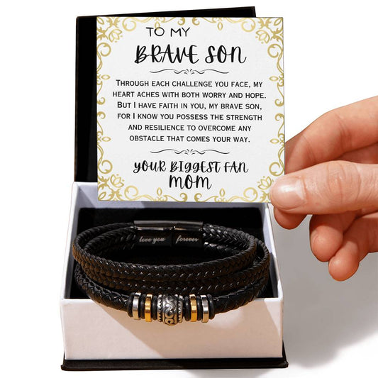 To My Brave Son, Love You Forever, Leather Braid Bracelet, Back to School Gifts for Son from Mom