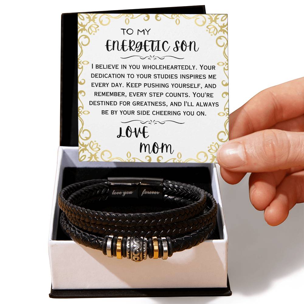 To My Energetic Son, Love You Forever, Leather Braid Bracelet, Back to School Gifts for Son from Mom