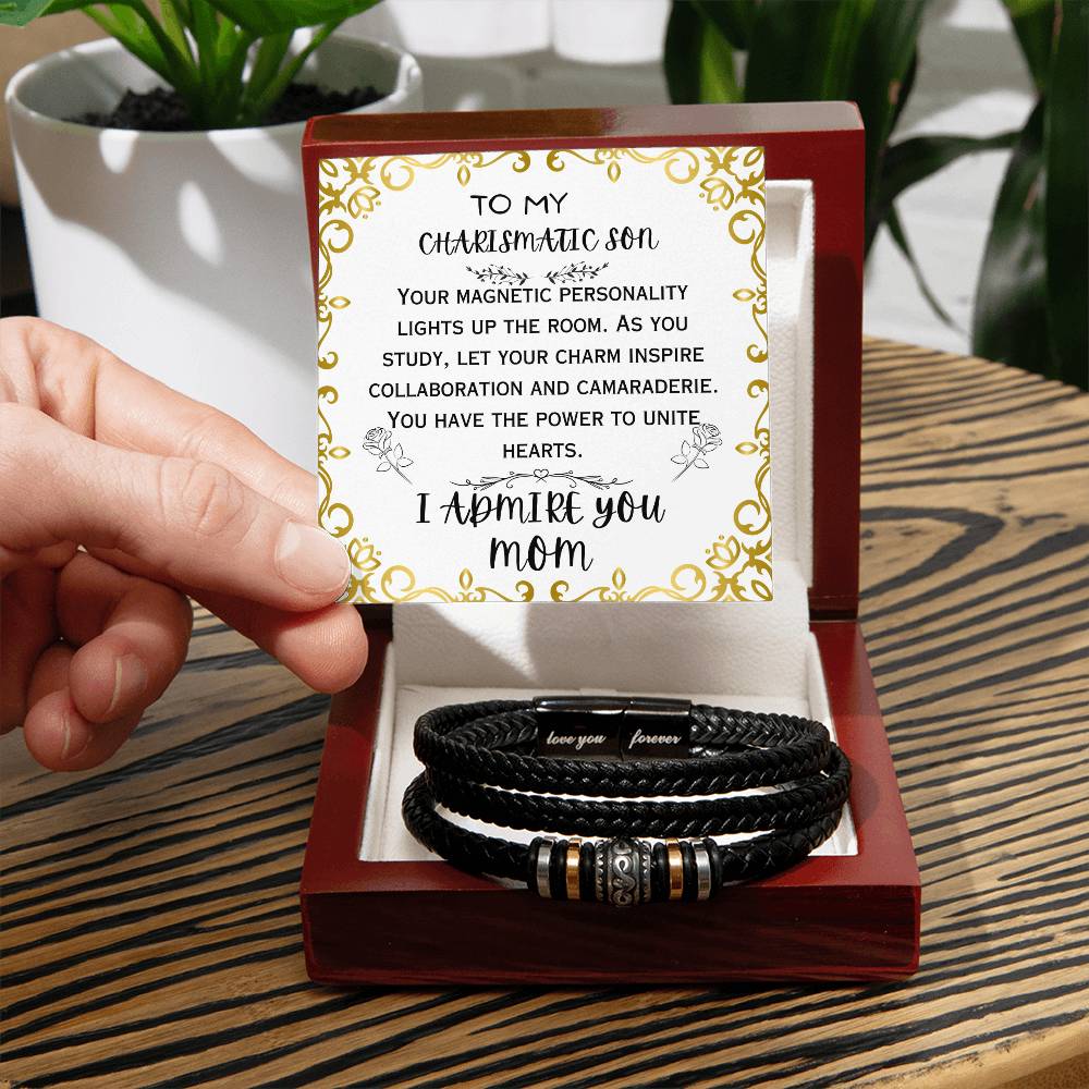 To My Charismatic Son, Love You Forever, Leather Braid Bracelet, Back to School Gifts for Son from Mom